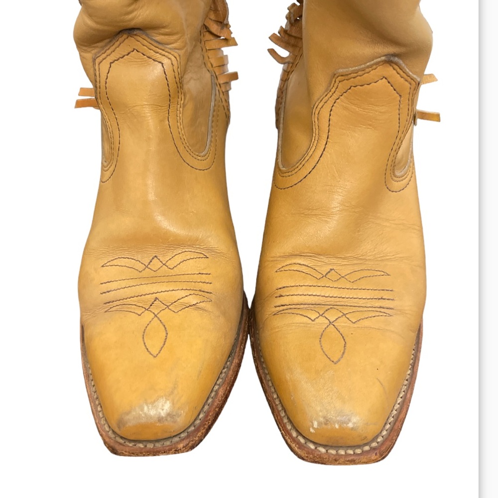 Frye Tan Leather Fringe Western Heeled Boots - Picture 3 of 10